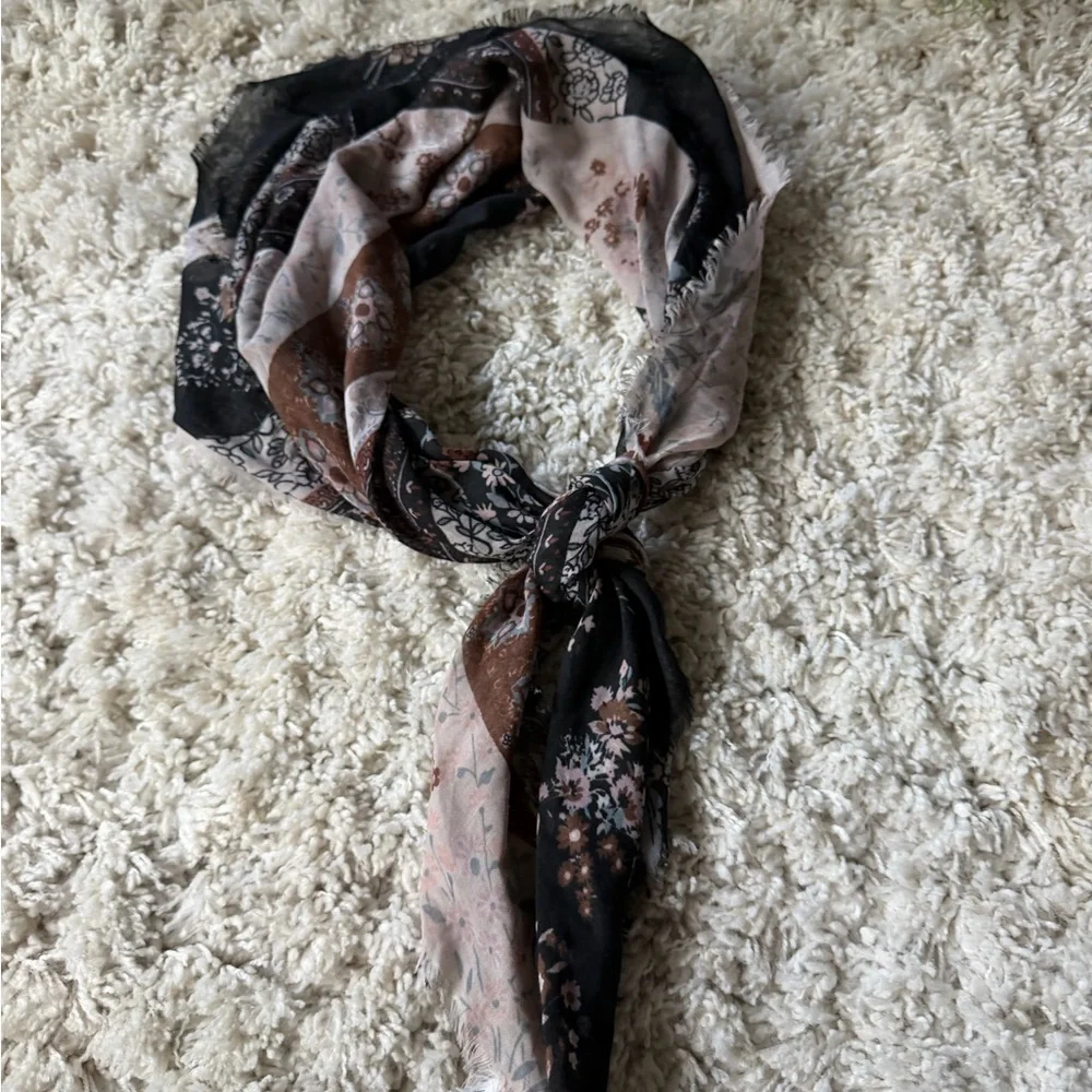 Elegant Floral Scarf - Black, Brown, and Cream
